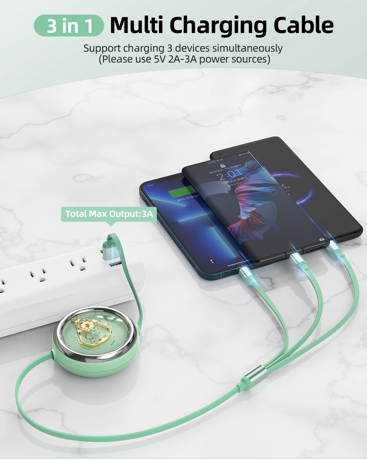 4FT Retractable Multi Charging Cable 2-Pack - 3 in 1 USB Charger Cord